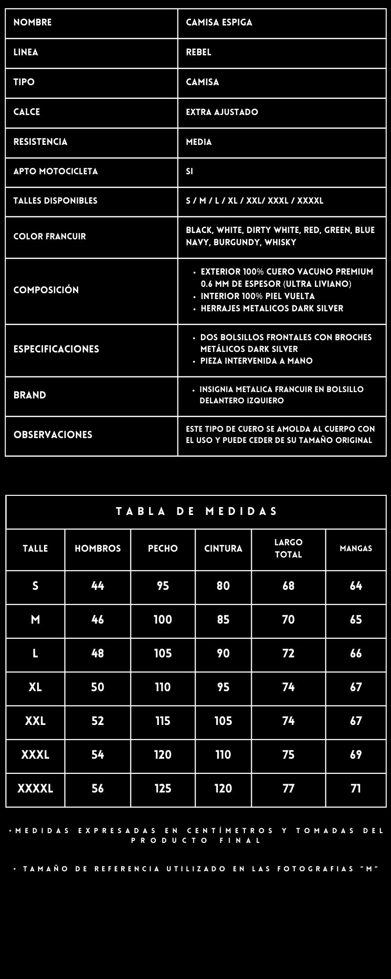 Tabla de medidas camisa espiga